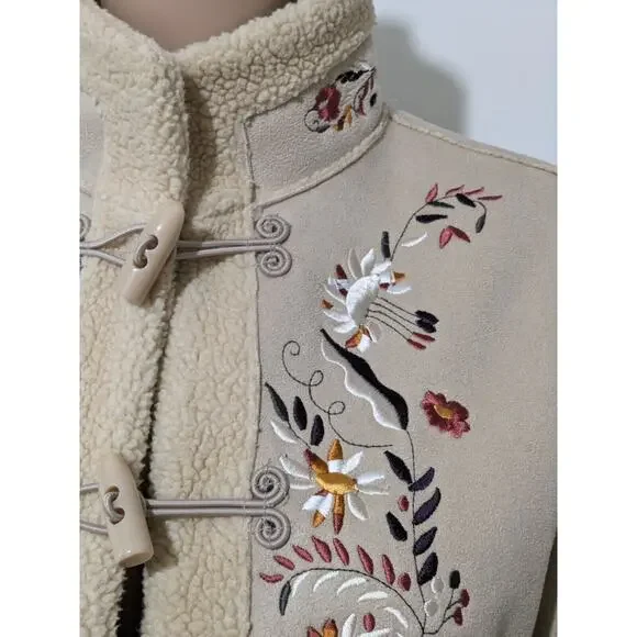 M Panache Beige Faux Suede Floral Embroidered Jacket with Toggle Buttons Medium - Picture 2 of 9